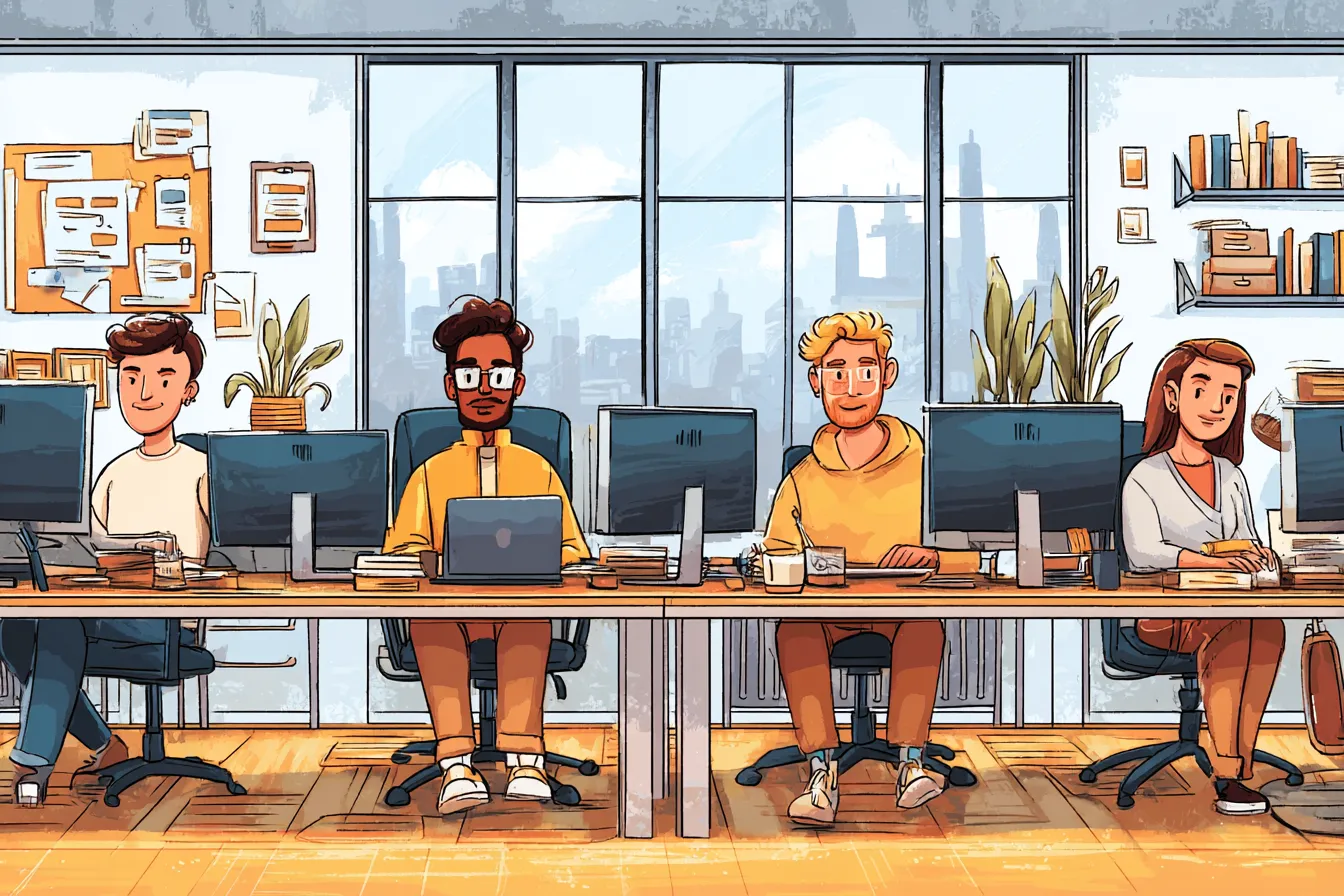 Illustration of the DevStack software studio in Leeds — team members working at desks with a city skyline through the window.