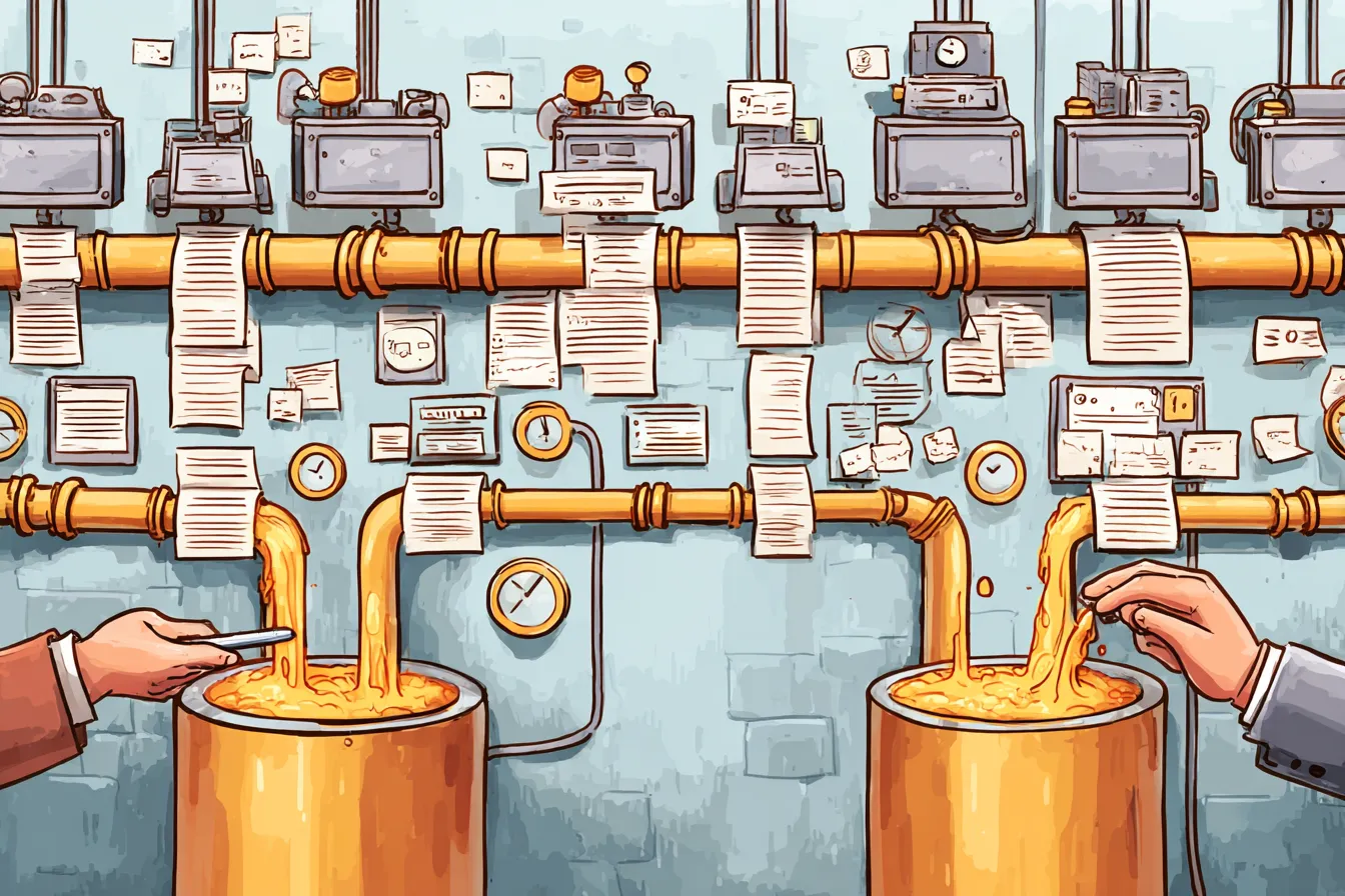 Illustration of manual paperwork feeding into a smooth automated pipeline, representing AI-driven automation.
