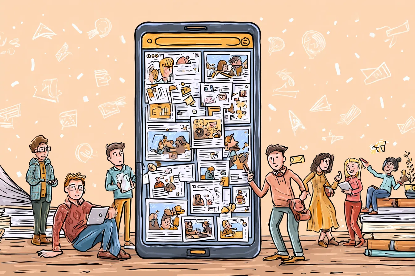 Illustration of a large smartphone with an engaging feed and people gathered around it.