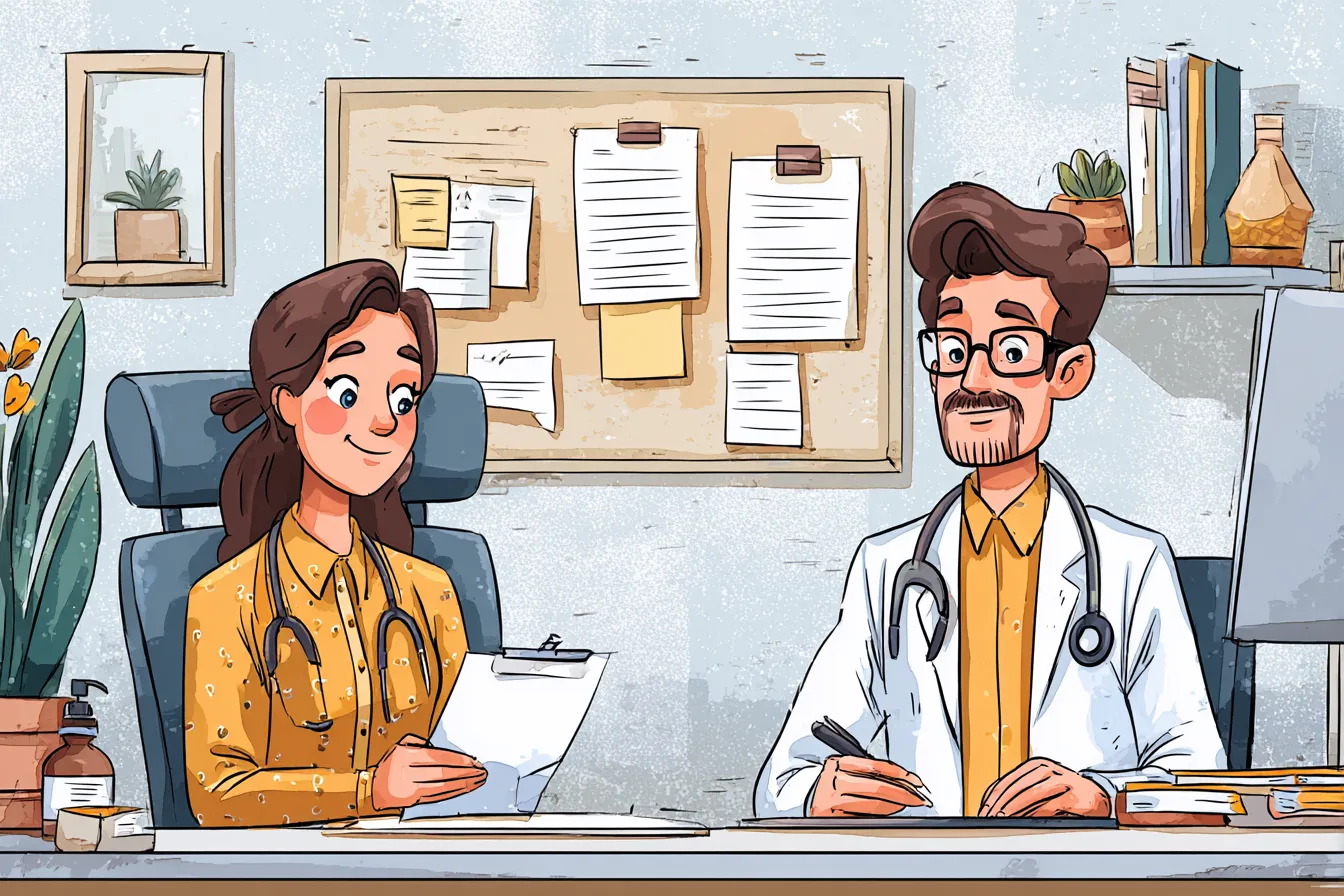 Illustration of two occupational health colleagues at a shared desk, working through case paperwork and records.