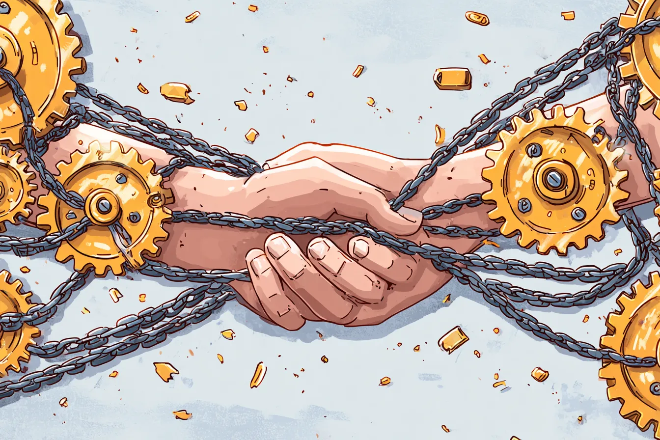 Illustration of clasped hands freed from tangled chains and gears, representing a rescued project regaining momentum.