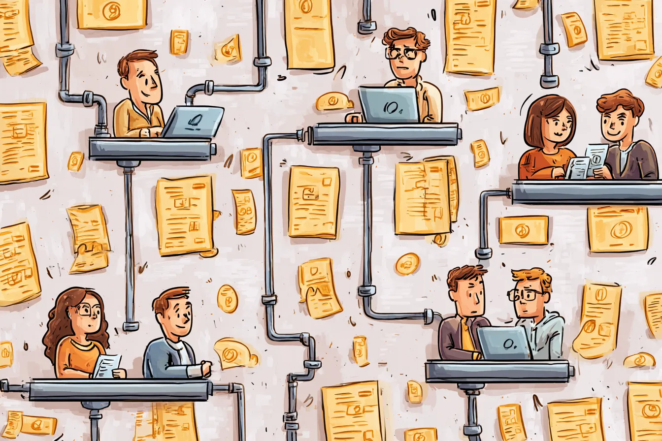 Illustration of payments flowing along connected rails between people at desks on a platform.