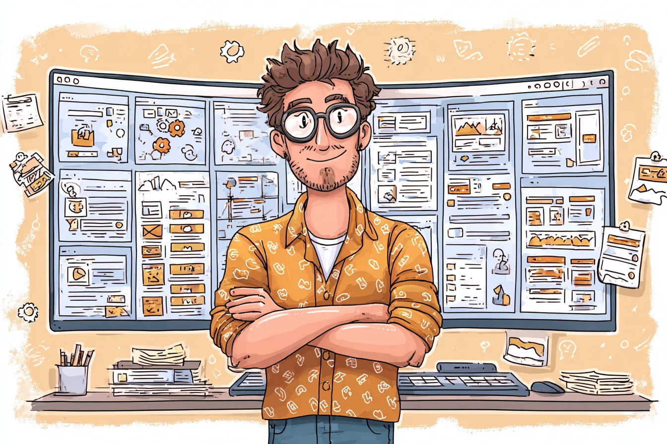 Illustration of a confident website editor standing in front of content dashboards.
